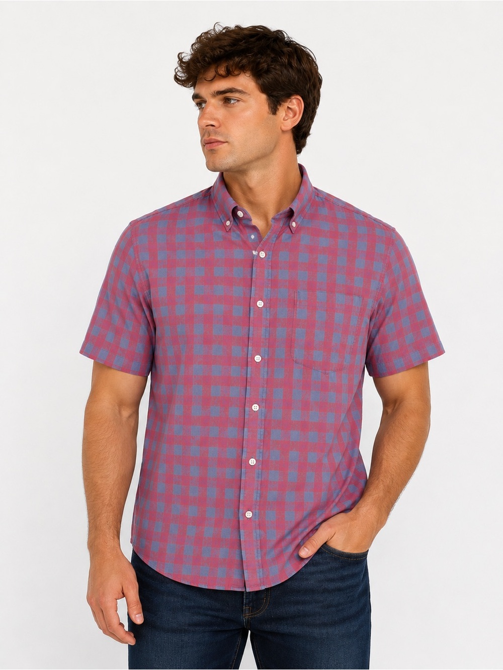 J.Crew Men’s Large Red Blue Gingham Button Front Shirt 100% Cotton
